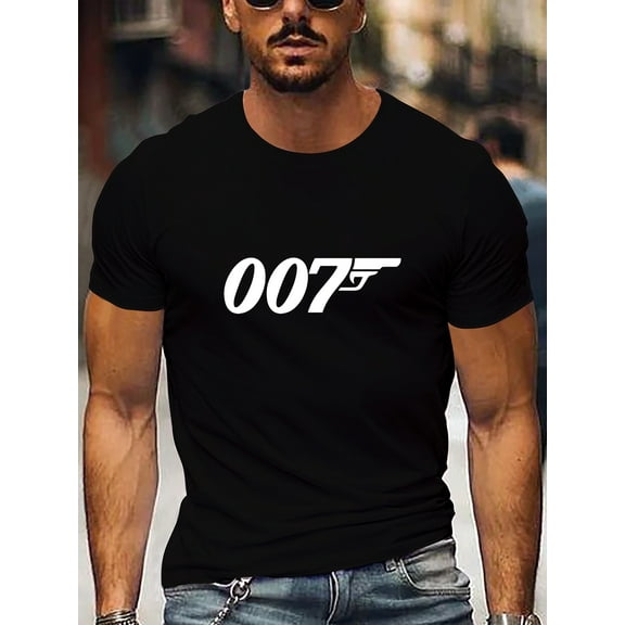 1pc Men'S 007 Print T-Shirt - Casual Crew Neck Short Sleeve Tee, Polyester Knit Fabric with Slight Stretch, Regular Fit Alphabet Pattern Pullover for Summer