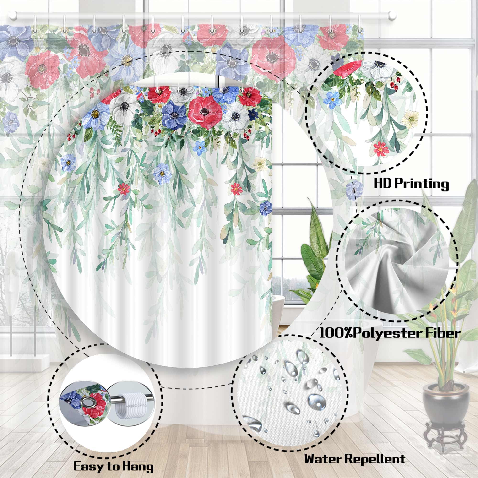 4th of July Shower Curtain, Red White and Blue Flowers Sage Eucalyptus Patriotic Leaves Independence Bath Curtain, Memorial Veterans Fabric Waterproof Home Decor Shower Curtain Set with Hooks, 72X72in