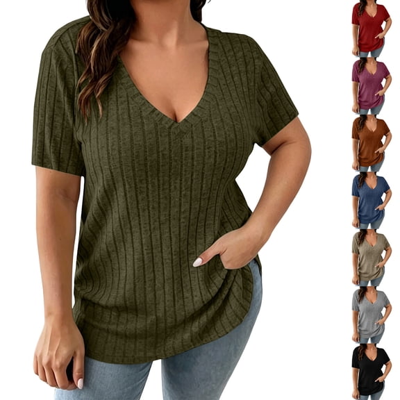 Naotn Summer Ribbed Tops for Women Fashion Casual V Neck Short Sleeve Shirts Trendy Holiday Tunic Blouses