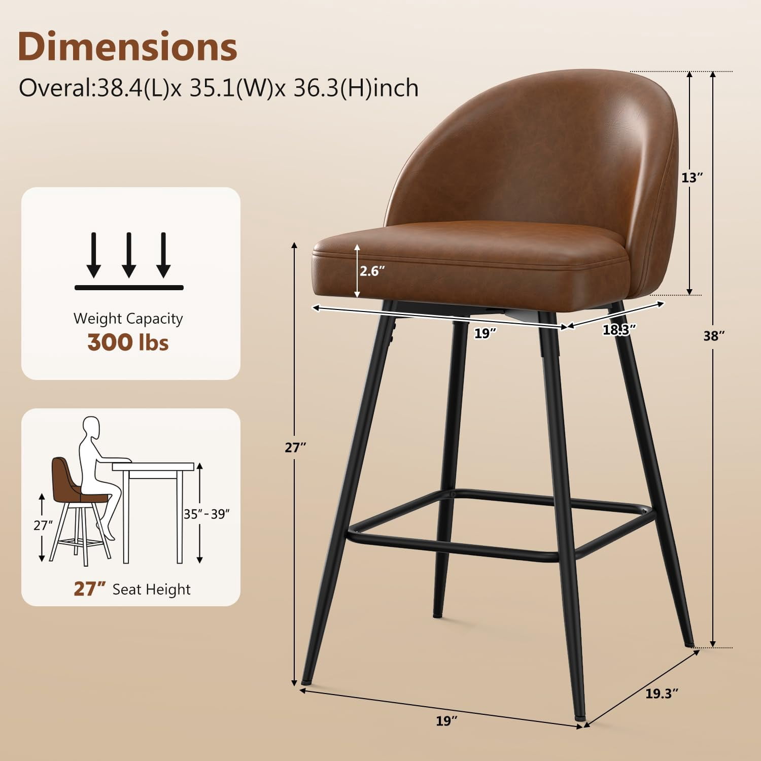 JULY'S SONG Counter Height Bar Stools with Back Sets of 2, 360°Swivel Upholstered Barstools with Metal Legs, 27" Seat Height Bar Stool for Kitchen Island, Faux Leather in Brown