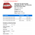 thumbnail image 2 of Right Outer Tail Light Assembly - Compatible with 2012 - 2015 Mercedes-Benz ML350 Sport Utility 2013 2014, 2 of 2