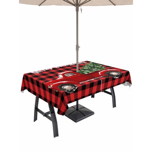 Outdoor Tablecloth with Umbrella Hole and Zipper, Red Truck Christmas Rectangle Table Cloth 60x102 Inch Waterproof Tablecloth, Xmas Tree Snowflake Plaid Picnic Table Cover for Patio Camping