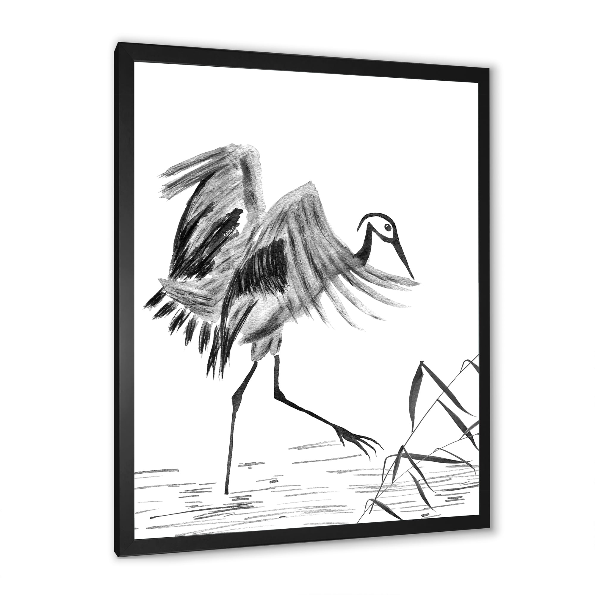 Designart 'Monochrome Japanese Oriental Crane Bird' Traditional Framed Art Print