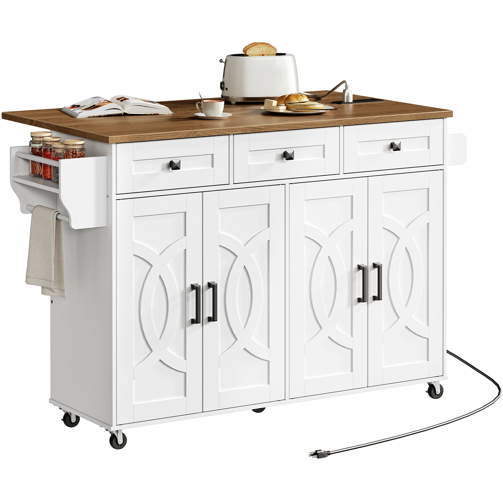 Kitchen Island with Drop Leaf, Rolling Kitchen Island with Storage and Power Outlet, Kitchen Cart with 3 Drawers and Adjustable Shelves, Towel and Spice Rack, White and Walnut