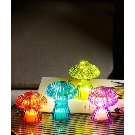 Glass Mushroom Table Lamp: Set of 4 Colored Small Cute LED Night Light Home Decor for Bedroom Desk - Birthday Gifts for Women