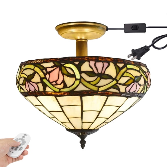 Kiven 13.8in Plug-in Flush Mount Ceiling Light Fixture, 3-Light Anti Glare Close to Ceiling Light with 15FT Cord, Tiffany-Style Glass Chandelier Dimmable for Bedroom Kitchen Hallway(No.3210)