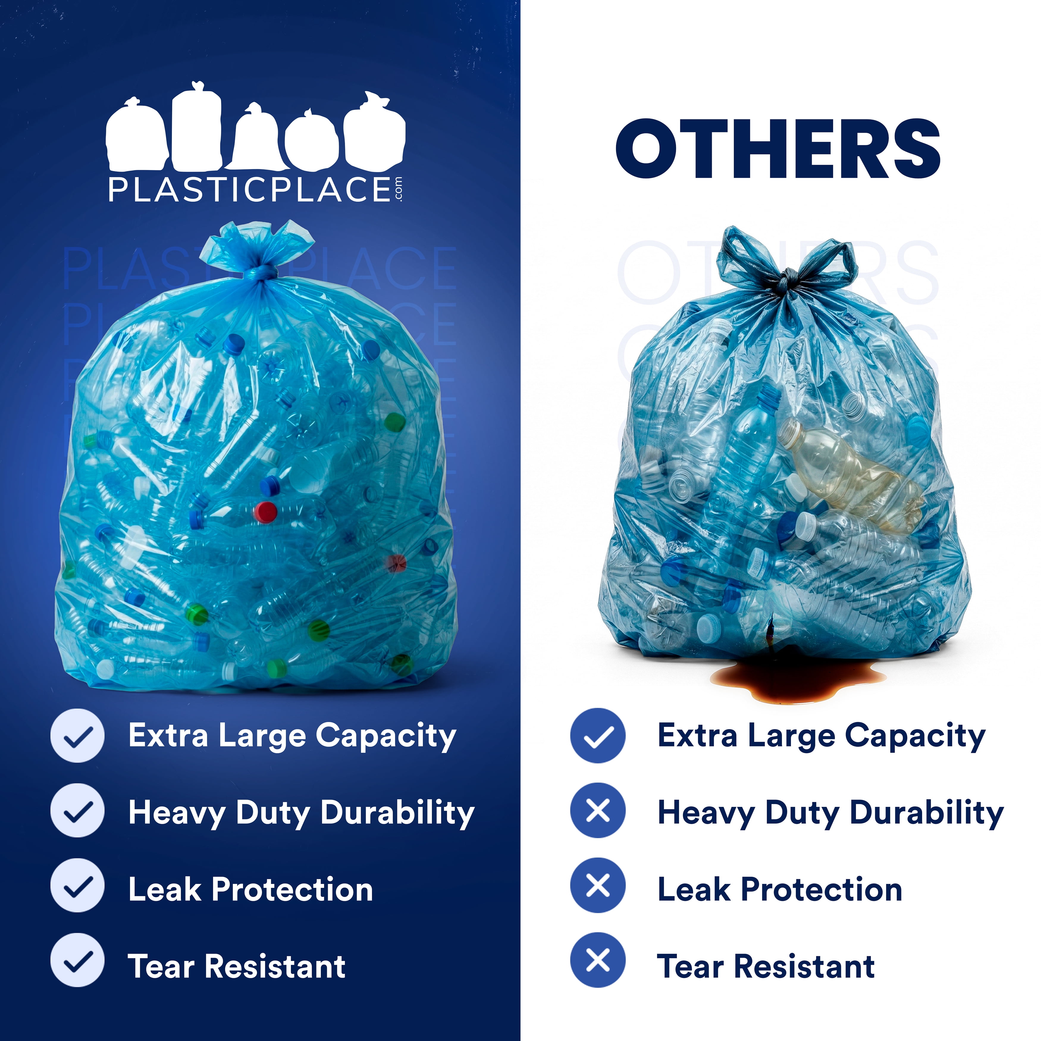 Plasticplace 55-60 Gallon Blue Recycling Trash Bags, 1.2 Mil, 38"x55" Garbage Can Liners, 100 Count