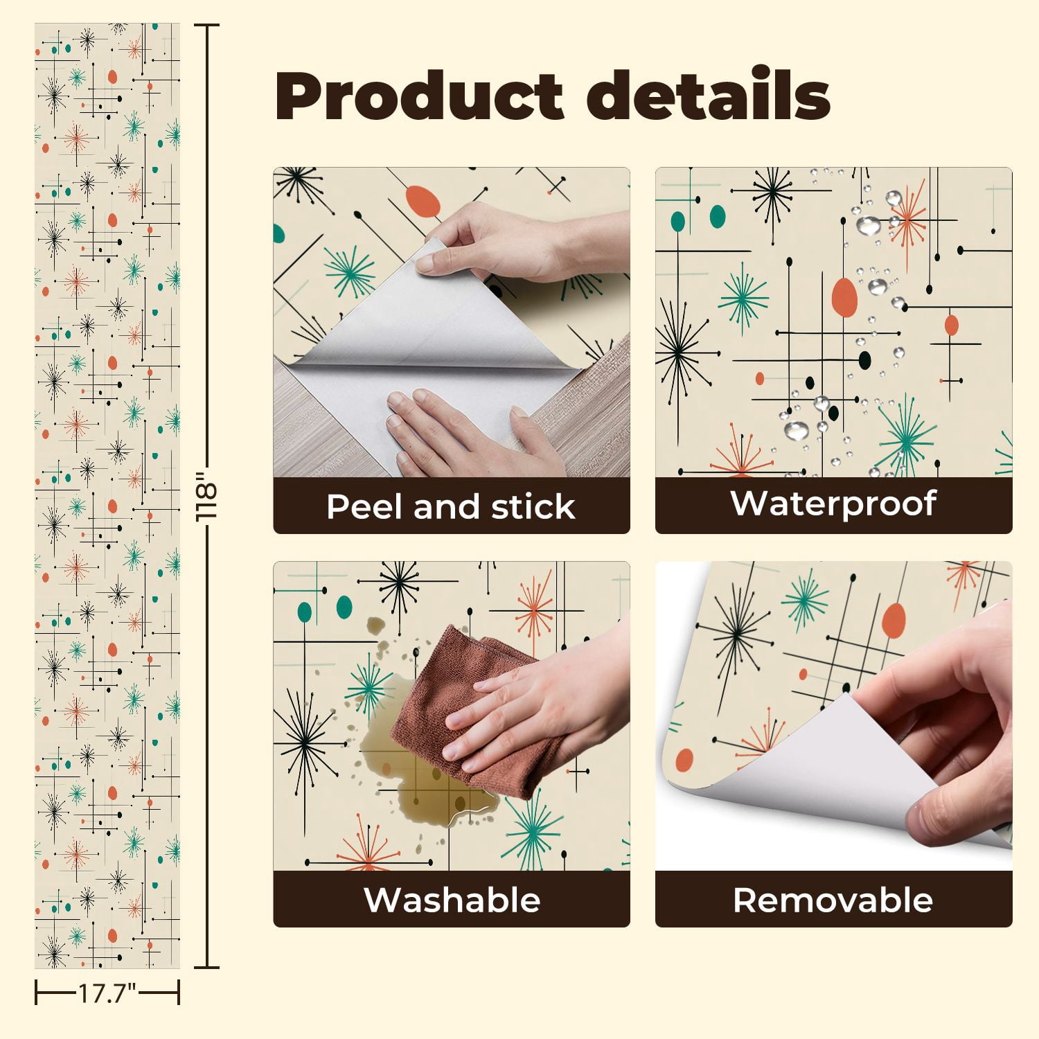 Peel and Stick Wallpaper 17.7in x 9.8ft Mid Century Modern Vintage Retro Mod Fifties Contact Paper Vinyl Waterproof Self Adhesive Wall Paper for Bedroom Shelf Cabinet Renter Friendly