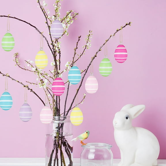 OKKVV 6PCS Easter Eggs Hanging Decorations - 2.36 Inches Plastic Painted Eggs Easter Tree Decor, C