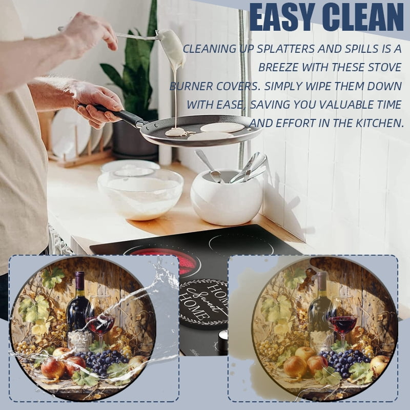 Round Metal Electric Stove Burner Cover, Vintage Wine Grape Fruit Durable Easy to Clean Gas Stove Burner Covers Set of 4 for Kitchen Decor, 8 Inches and 10 Inches