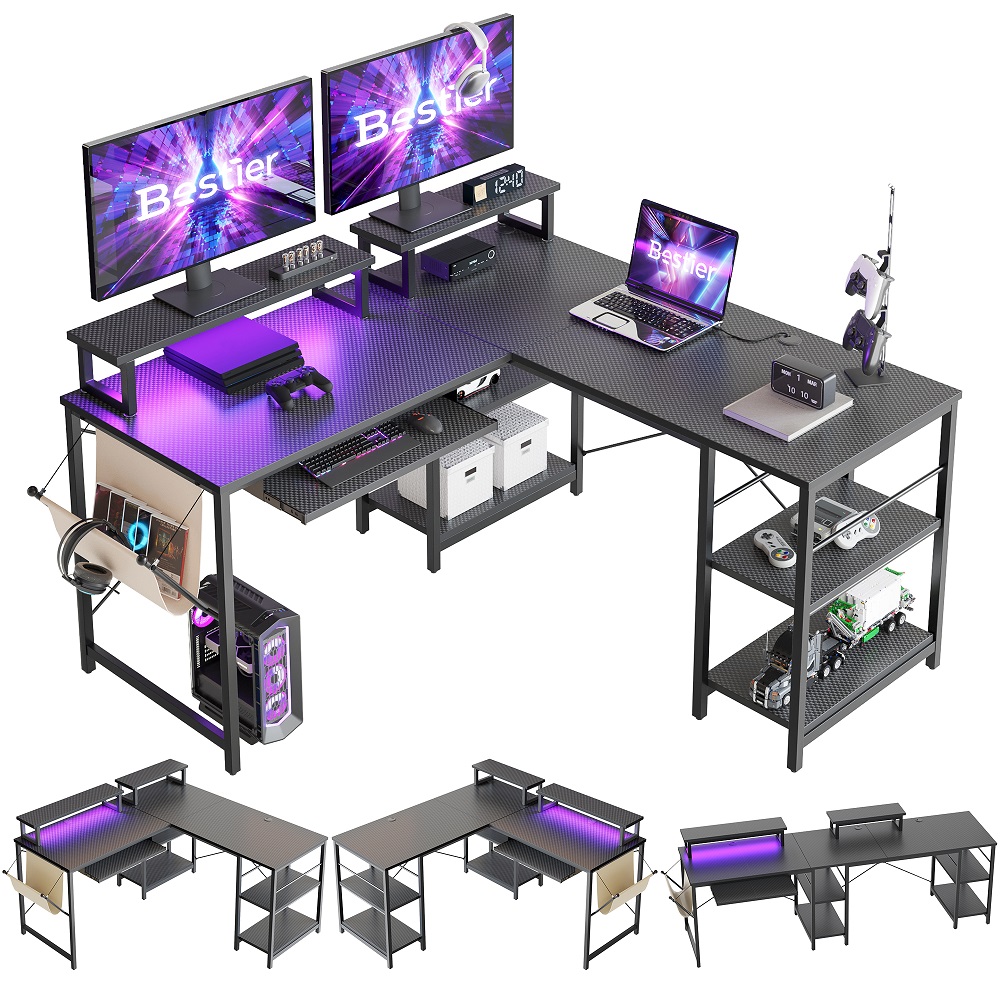 Bestier 95.2 inch L Shaped Gaming Desk with LED Light Home Office Desk with Monitor Stand & Keyboard Tray in Carbon Fiber - image 4 of 11