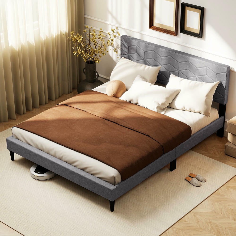 GVN Queen Size Sturdy Bed Frame with Linen Fabric Upholstered Headboard, Bedroom Platform Bed Frame for Apartment, Bedroom, Gray
