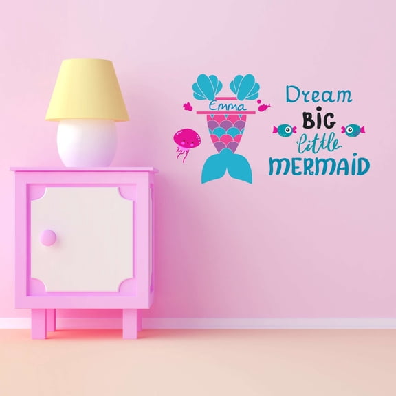 Personalized Name Dream Big Little Mermaid Crown Fish Urchins Seahorse Statfish Princess Fish Starfish Queen Sweet Dreams Bedtime Unicorn Decorating Wall Decal Sticker - Size: 20 In X 12 In