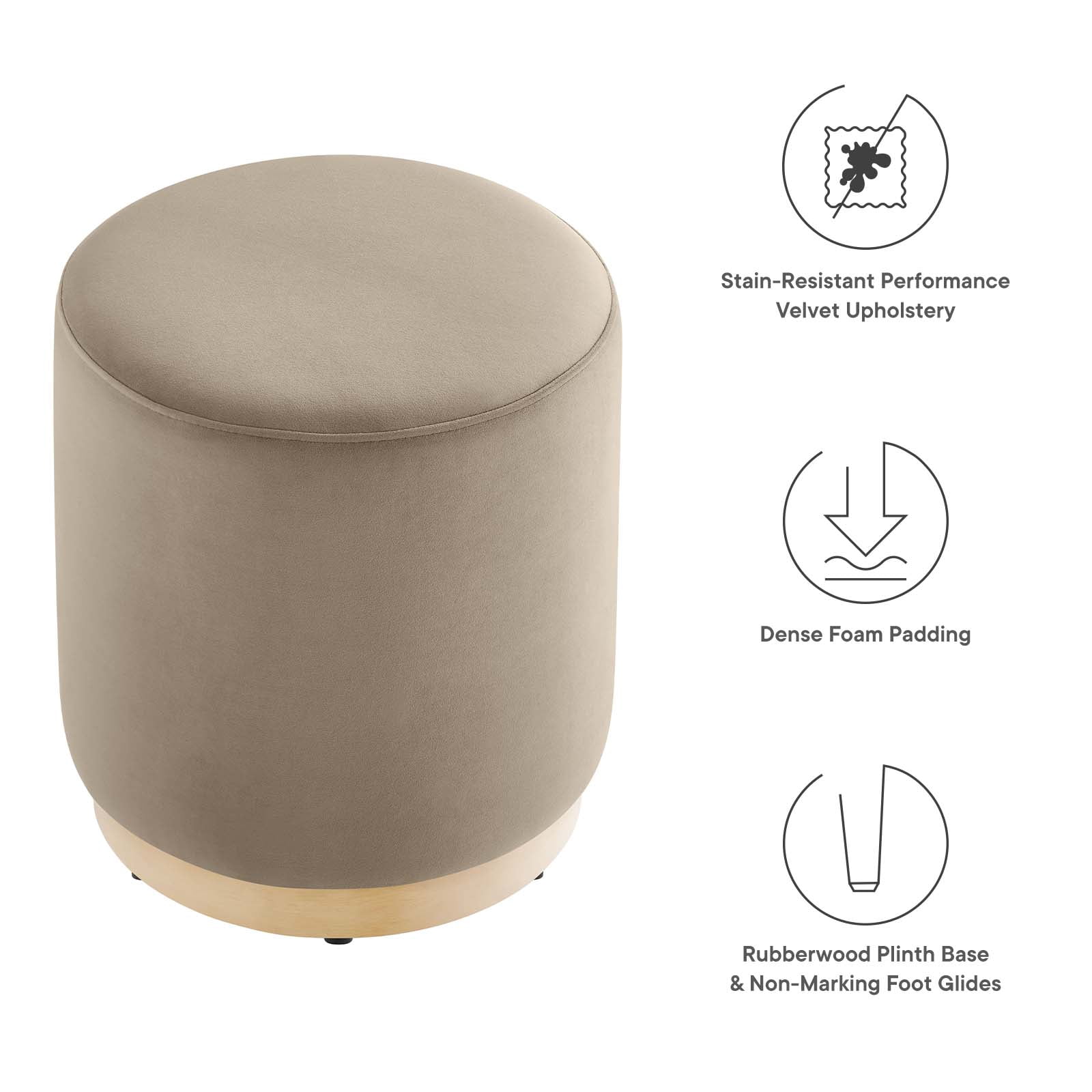 Modway Tilden 16" Round Performance Velvet Upholstered Ottoman in Taupe Natural