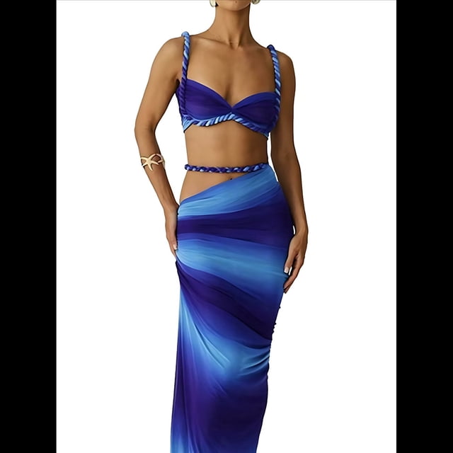 Conjunto de 2 Piezas para Mujer, Sexy, , de Verano, con Top Fruncido y Espalda Descubierta, y Falda con Aberturas, Vestido de Noche. Azul S