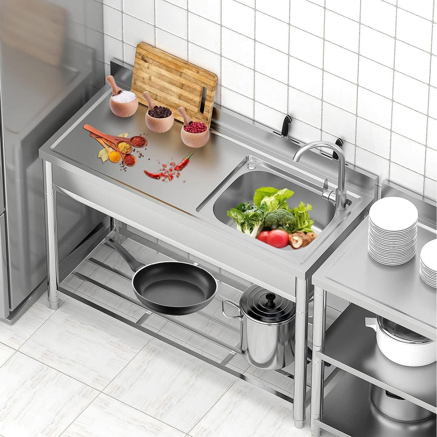 EastVita Stainless Steel Utility Sink Free Standing Single Bowl Sink with Cold and Hot Water Pipe Commercial Kitchen Utility Sinks for a Laundry Room Bathroom Kitchen Indoor Outdoor