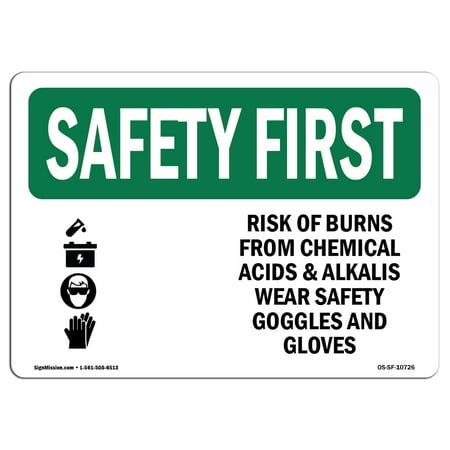 OSHA SAFETY FIRST Sign - Risk Of Burns From Chemical With Symbol Made in the