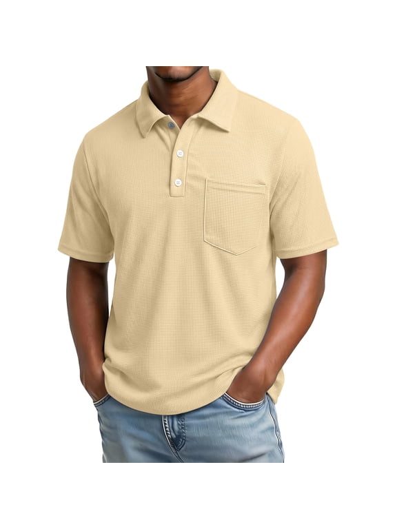 Mens Short Sleeve Collared Waffle Knit Full Button Woven Shirt, Loose Light Top for Weekend Pool Lounging Beige L