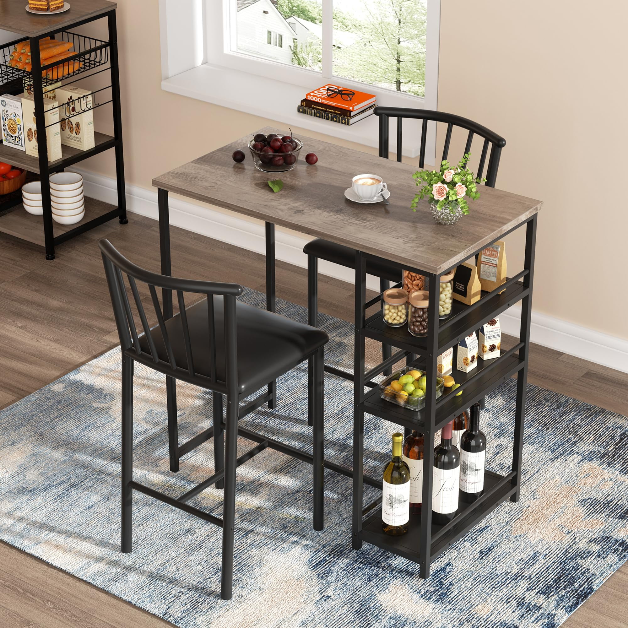 Dining Table Set, Lofka Bar Table Set,  Kitchen Table with 3 Shelves and2 Stools, Gray(1 Set)