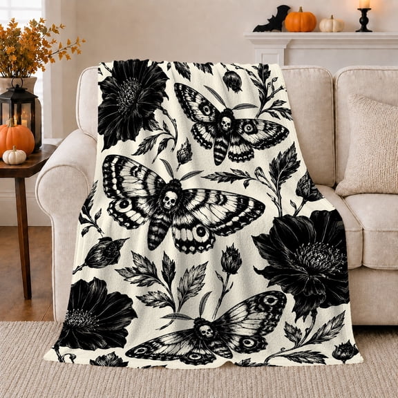Gothic Death Moth Botanical Floral Gothic Motif, Cozy Friendship Quote Scene, Warm Flannel Blanket for Living Room and Reading Nook, Art Lovers Friendship Gift, Artistic Home Decor