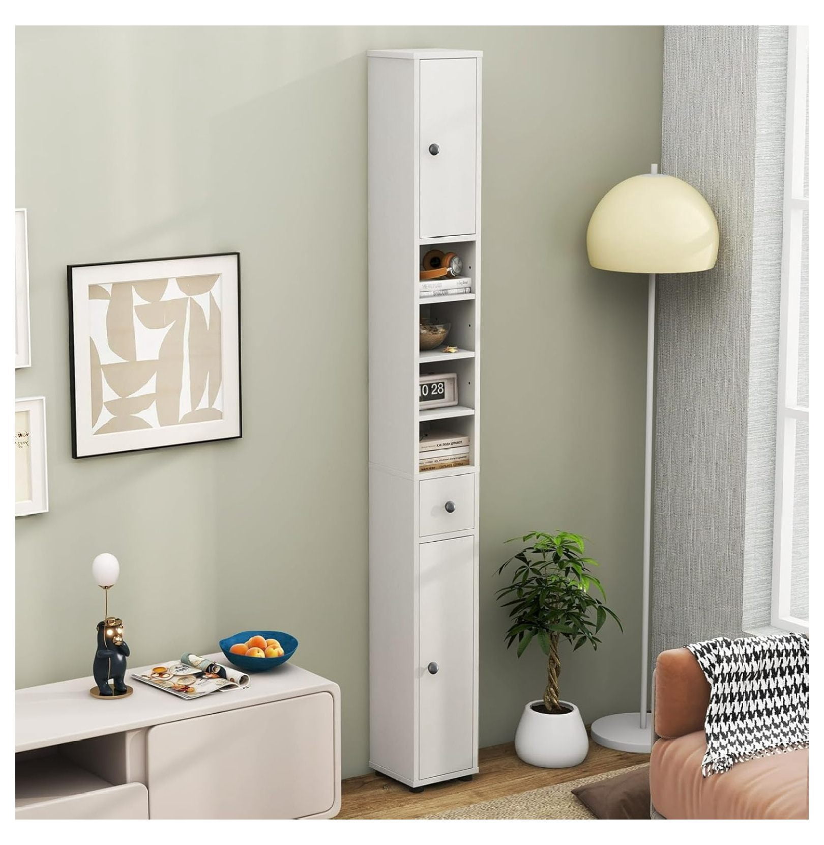 WDZS Tall Slim Bathroom Storage Cabinet, 71" Freestanding Bathroom Cabinet w/ 2 Doors, 1 Drawer & 5 Adjustable Shelves, Floor Narrow Tower Cabinet for Small Spaces, 8" x 8" x 71" (White)