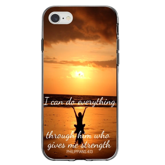 DistinctInk Clear Shockproof Hybrid Case for iPhone 7 8 SE (2020 Model) 4.7" Screen TPU Bumper Acrylic Back Tempered Glass Screen Protector - Philippians 4:13 Everything through Him who gives strength