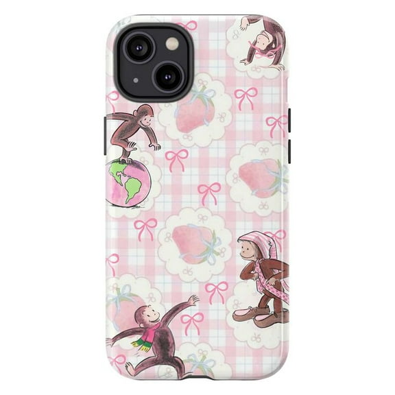 Cute Pink Curious Monkey Phone Case, Girly Retro Gingham Design, Kawaii Babycore iPhone Case, Fits iPhone 16 15 14 13 12 11 Pro Max Mini