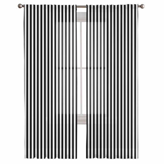 Black White Stripe Semi Sheer Curtains 108 Inch Length 2 Panels Set, Modern Minimalist Geometric Striped Sheer Kitchen Curtain Privacy Voile Window Curtain for Living Room Bedroom Rod Pocket Drapes