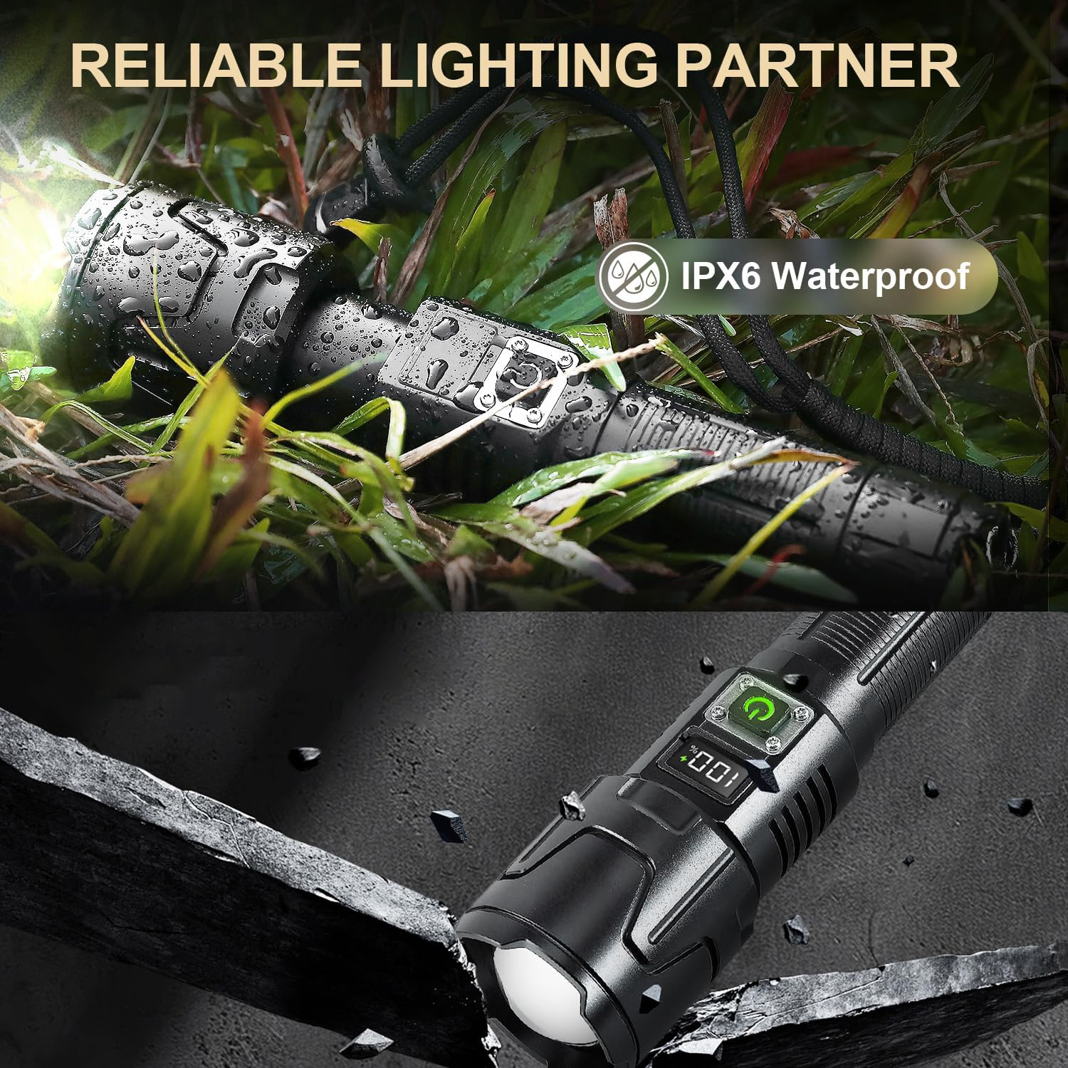 High Lumens Rechargeable Tactical Flashlight with Digital Power Display and Power Bank Function, 3Modes Super Bright Waterproof LED Zoom Flashlight for Camping, Hiking (Included 26650 Battery)