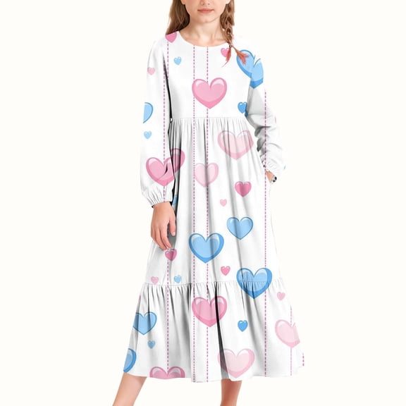 CYRBOKO Valentine's Day Dresses for Girls, Crewneck A-line Loungewear Long Sleeve Dresses with Pockets Pink Size 14-15T