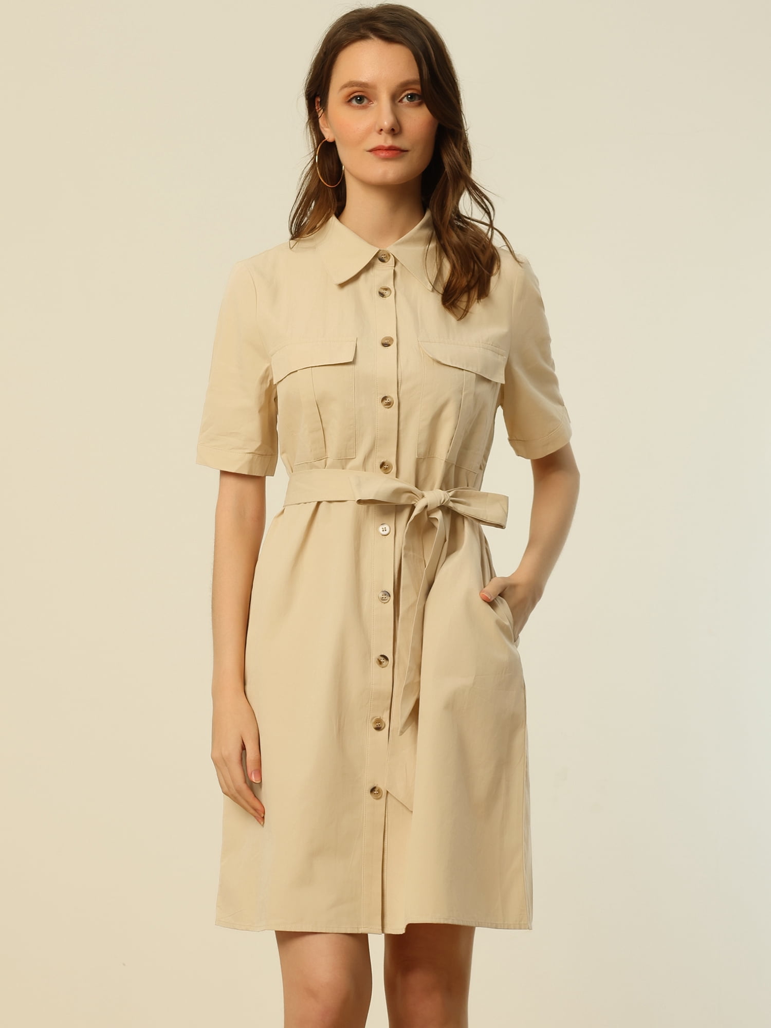 DARING DIVA Collared Short Sleeve Pocket Belt Button up Shirt Dress L Khaki