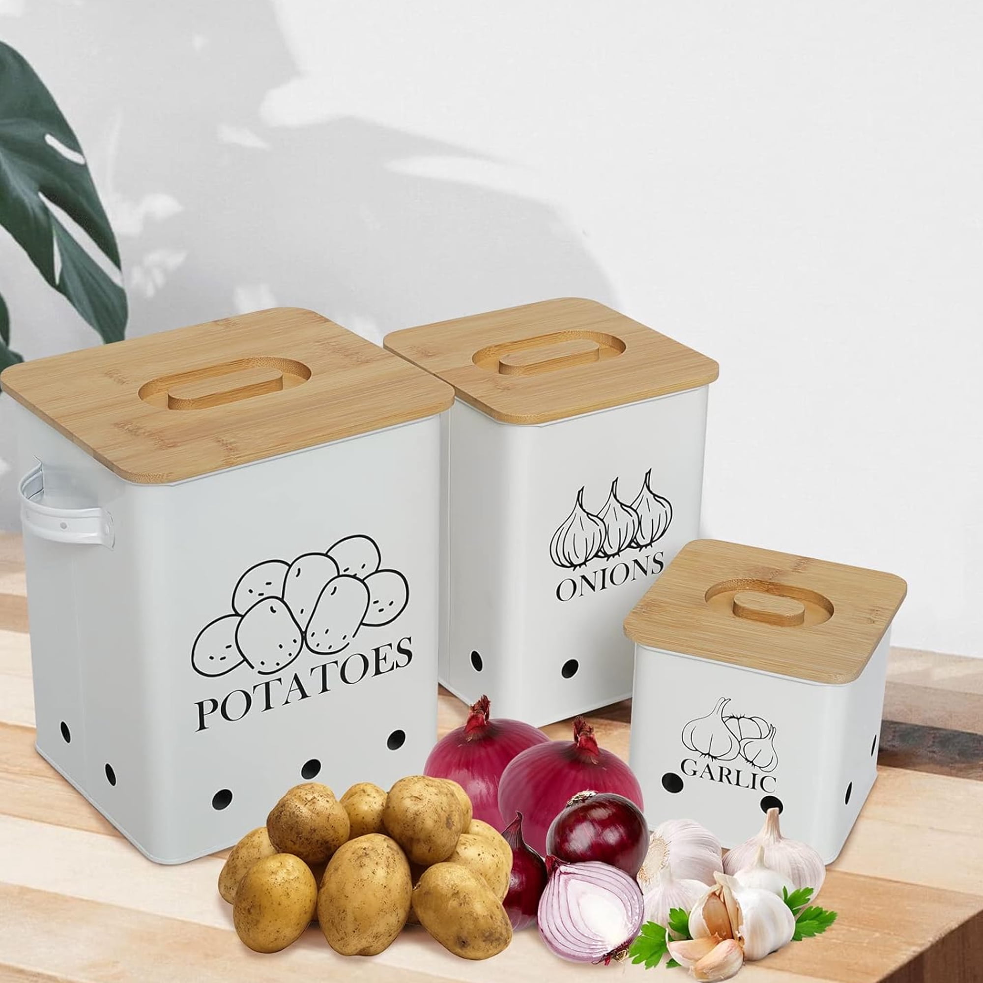 Pethiy Kitchen Storage for Potato Onion & Garlic,3 Pack Set Kitchen Counter Organizers with Wooden Lid - Potato Storage Garlic Bin,Onion Keeper Tin with Aerating Holes-White