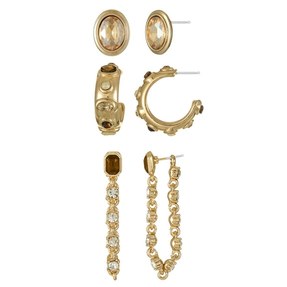Time and Tru Goldtone Multi Earring Set with Stud, Hoop and Drop Earrings, Brown, 3 Pairs