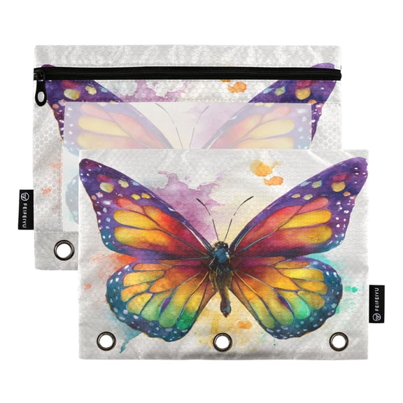 2 Pack 3 Ring Binder Pouch with Clear PVC Window Water Resistant Zipper Pencil Pouch Rainbow Spectrum Butterfly Binder Pocket for Classroom Office Home Stationery Organization
