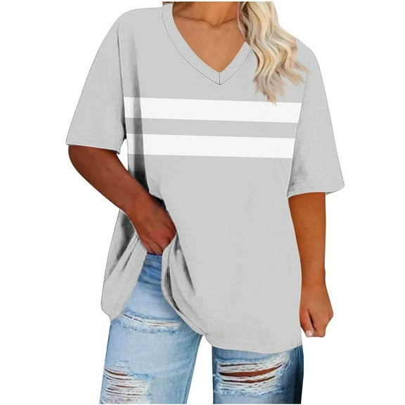 Womens Plus Size Summer Shirts Casual V-Neck Short Sleeve Tops Loose Daily Work Sports Vacation T Shirts