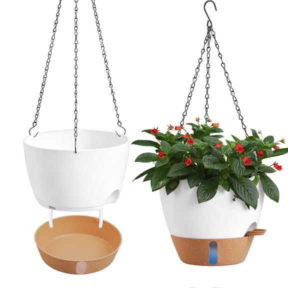 urorentea 2 Pack 8 Inch Self-Watering Hanging Planters with Visible and Removable Saucer, Watering Lip, Drainage Holes, Hanging Flower Pot for Indoor&Outdoor Plants, White