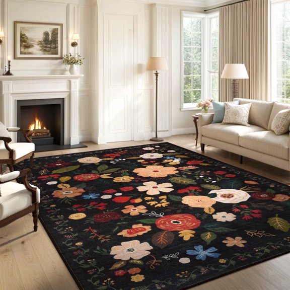 8x10 ft Living Room Area Rug Machine Washable Boho Area Rug Non Slip Floral Vintage Low Pile Large Rug for Living Room, Bedroom, Farmhouse, Dining Room