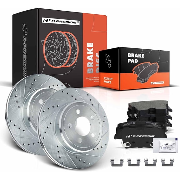 A-Premium 12.60 in (320 mm) Rear Drilled and Slotted Disc Brake Rotors   Ceramic Pads Kit Compatible with Select Dodge and Chrysler Models - Charger, Magnum, Challenger, 300, 6-PC Set