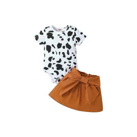 

Suanret Newborn Infants Girl Short Sleeve Romper Skirt Children Cow Pattern Elastic Waist Bow Summer Streetwear Brown 6-12 Months