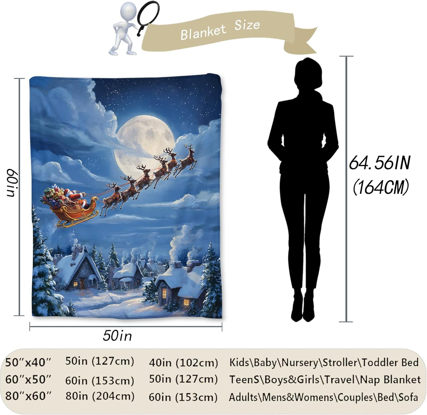 Christmas Santa Sleigh Ride Blanket, Soft Lightweight Flannel Reindeer Flying Blanket for Couch, Bed, Travel & Home Decor Gifts, Cozy Warm Holiday Blankets for Adults Users Women Women 60×50 in