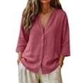 thumbnail image 4 of Only Moment Button Down Shirts for Women 3/4 Sleeve V Neck Linen Casual Loose Long Sleeve Solid Lapel Long Blouses Tops with Pockets Hot Pink,S, 4 of 7