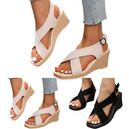 

Aayomet Summer Sandals for Women Women Sandals Summer New Pattern Simple Solid Wedge Thick Sole Comfortable Non Slip Large Size Black 8.5