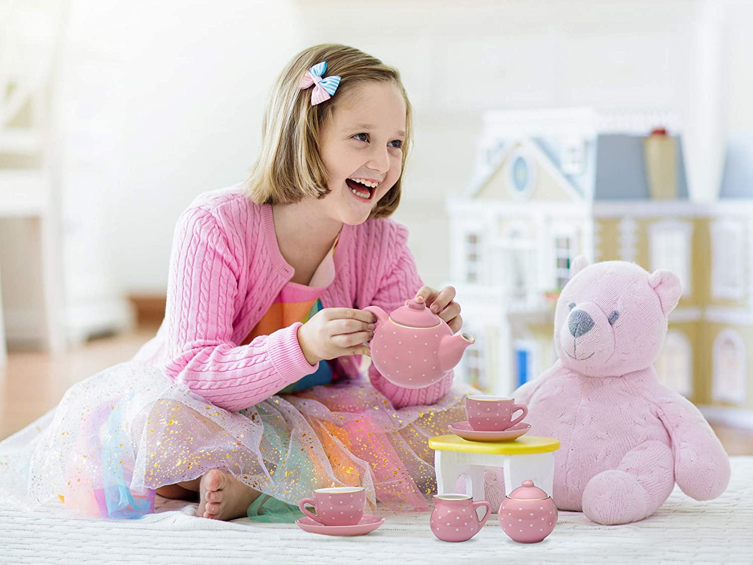 Jewelkeeper Porcelain Tea Set for Little Girls 13 Pieces Pastel Polka Dot 