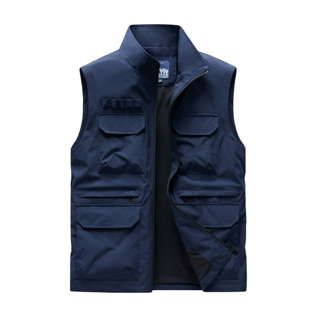 Lovzfmll Men's Work Vest for Men Stand Collar Multiple Pockets Photography Dark Blue, 3XL