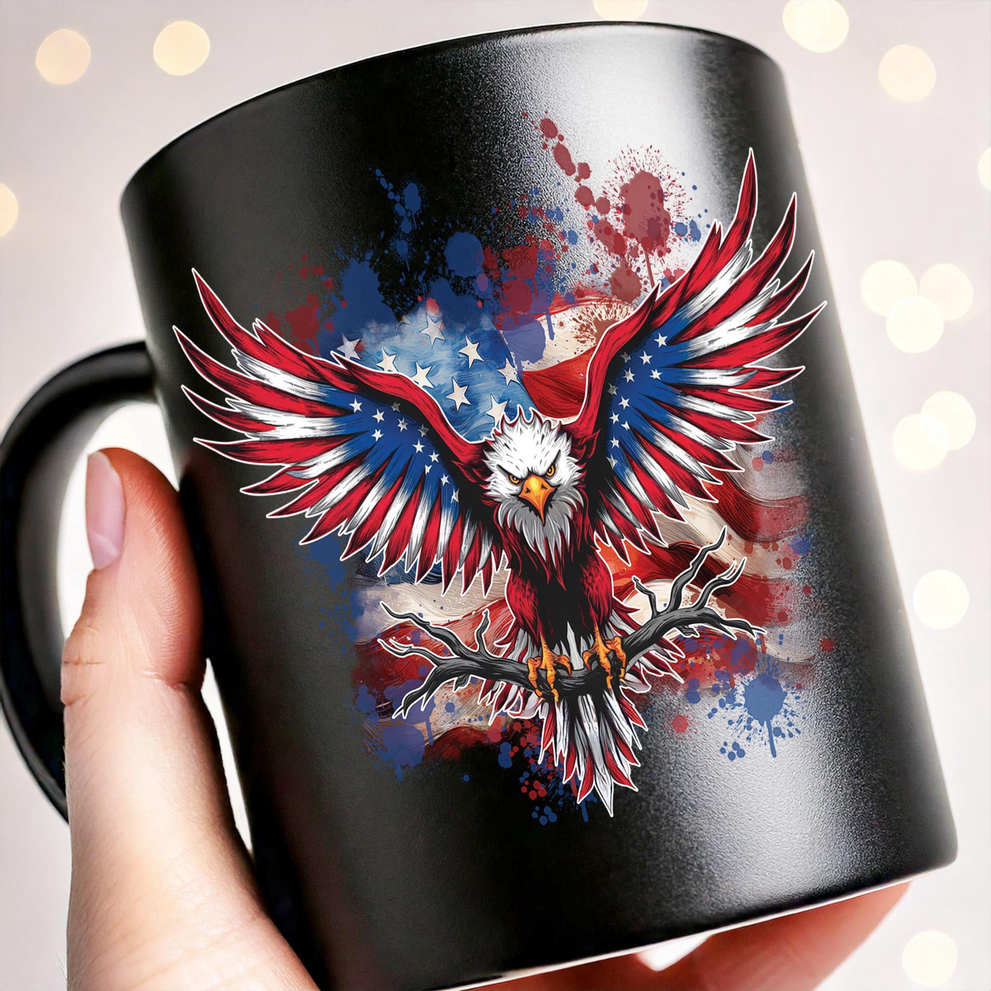 Lotusprinthandmade America Flag Eagle Patriotic Black Ceramic Mug (15oz) (Made In US), eagle patriotic tea mug, eagle ceramic cup