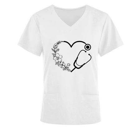 

Womens Nurses Scrubs Short Sleeve V Neck Solid Color Print Scrub Top T Shirt Medical Scrub Shirts with Pockets