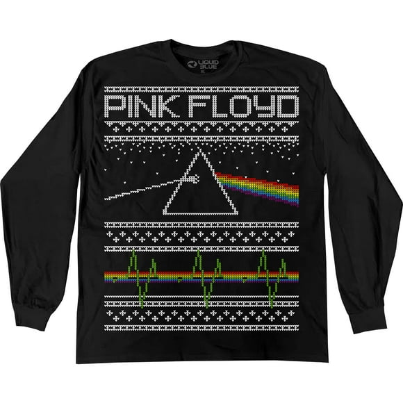 Liquid Blue Pink Floyd Dark Side Xmas Sweater Print LS Tee, Black, Medium