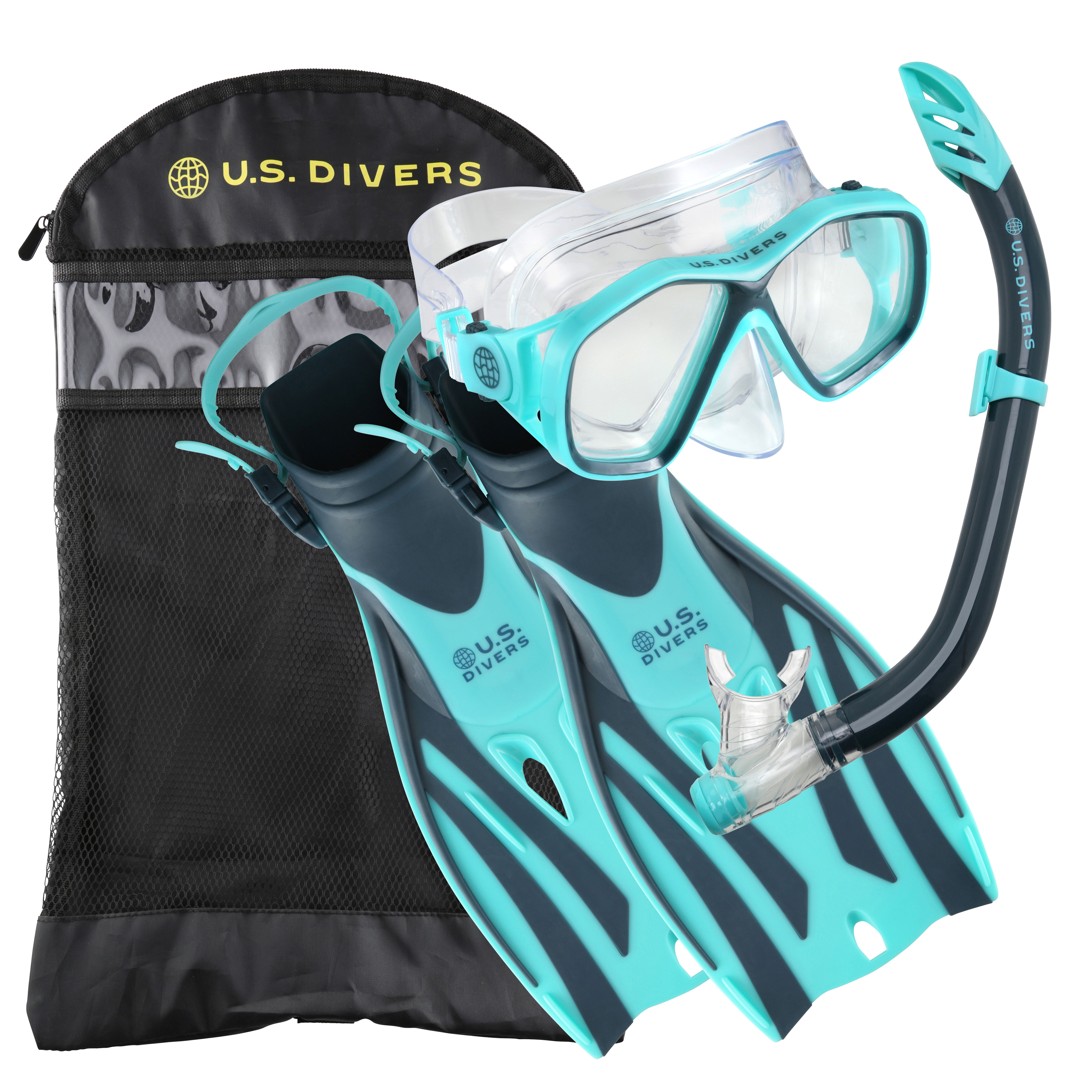 Bag *NEW* US DIVERS Explore Adult Snorkeling Set Fin L/XL Mask Blue Snorkel 