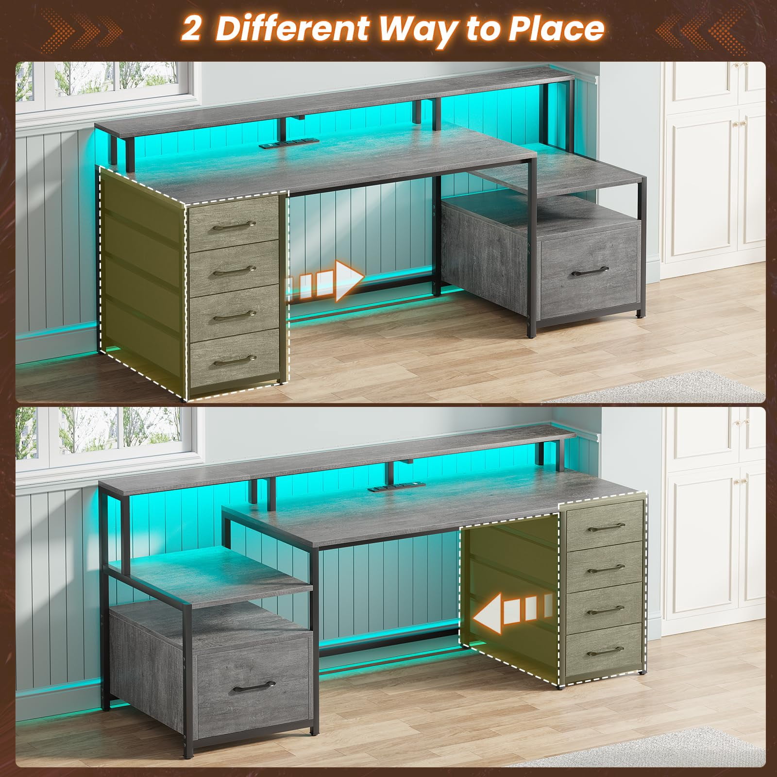 SEDETA Home Office Desk with LED Lights & Power Outlet, 66" Computer Desk with 5 Drawer and Storage Shelves, Gaming Desk with Printer Cabinet and Monitor Stand, Grey
