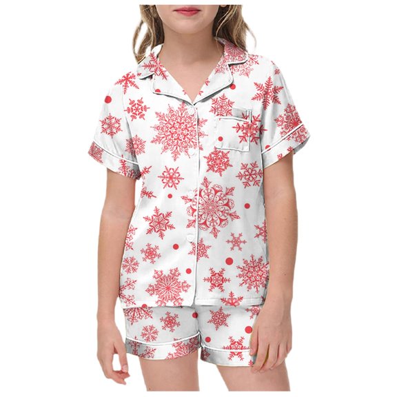 CAIVO 2 Piece Pajama Sets Children's Short Sleeve Lapel Button Down Shirts Tops With Shorts Set Christmas With Pockets Loungewear